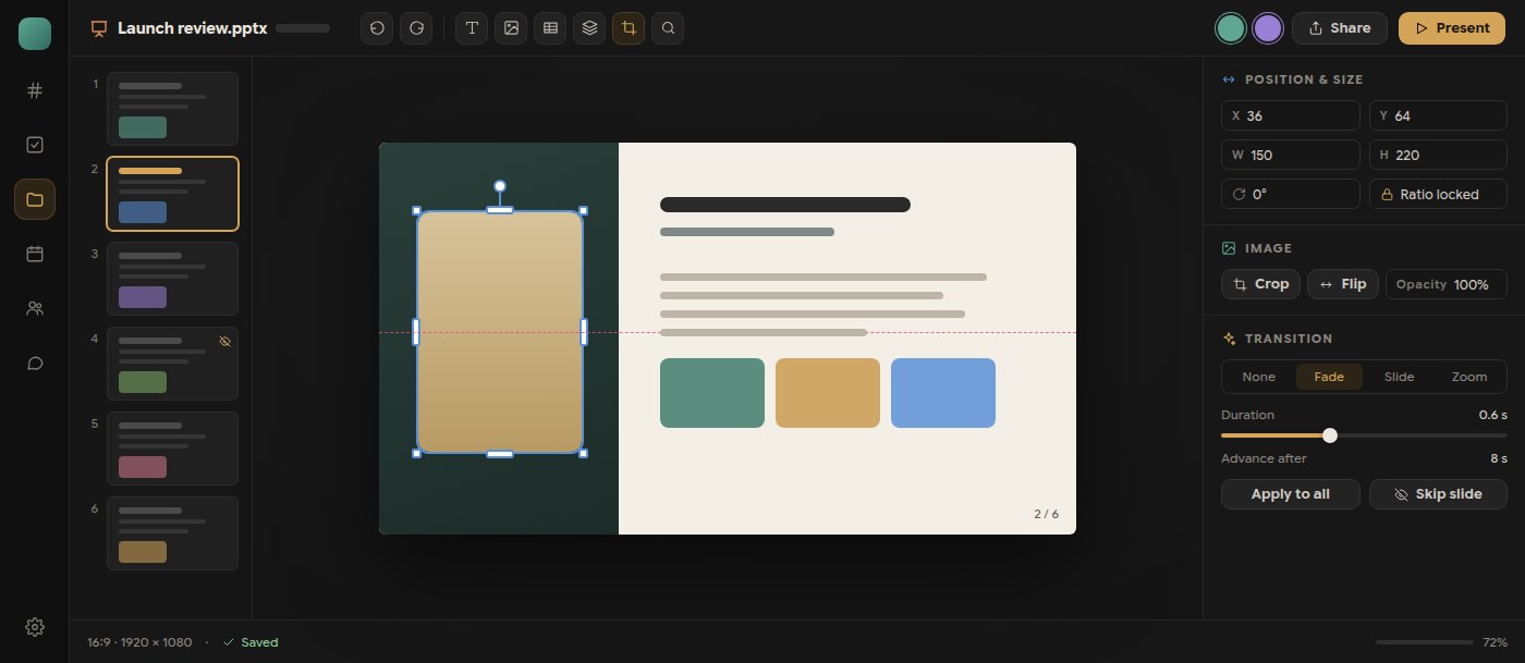 Build the deck, present it and export it, without leaving the workspace
