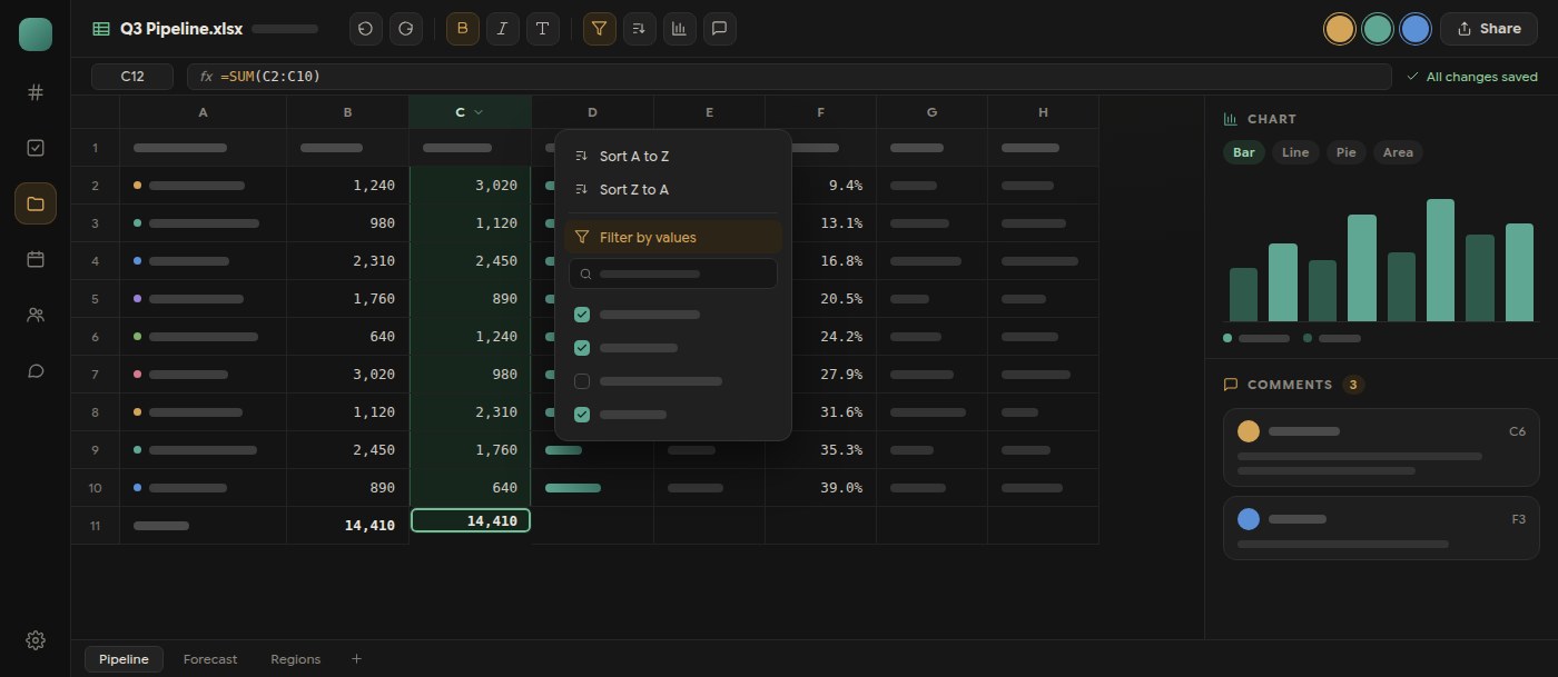 Spreadsheets grow up: sorting, filters, charts and comments on the real workbook