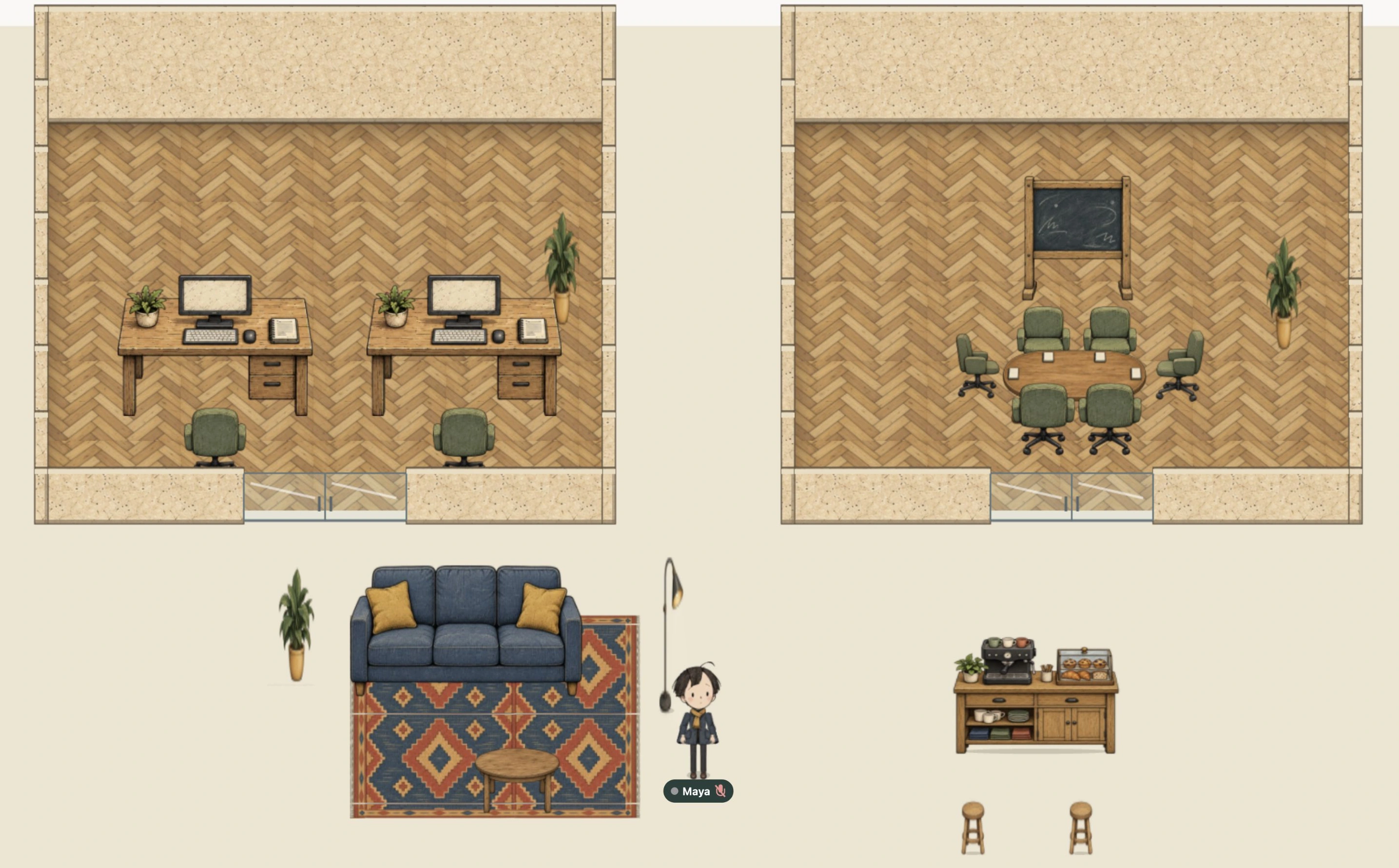 Atelier office with workstations, meeting room and shared lounge